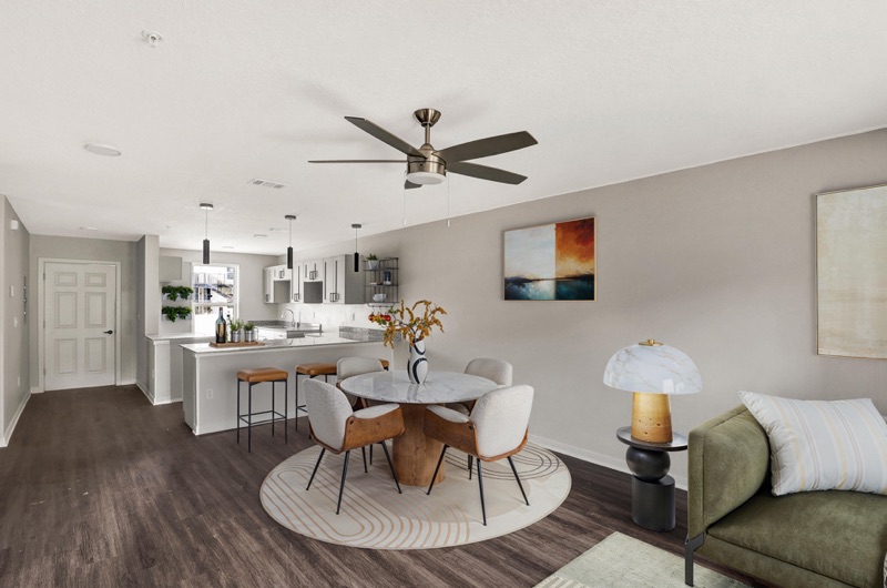 Open dining and kitchen area at Huntington Forest